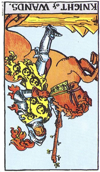 Knight of Wands reversed--Rider-Waite tarot