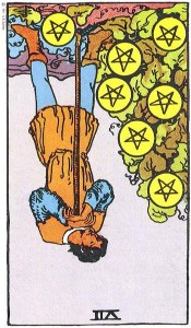 Seven of Pentacles reversed--Rider-Waite tarot