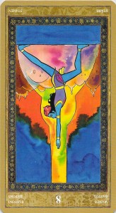 Eight of Wands reversed--Yoga Tarot by Lo Scarabeo