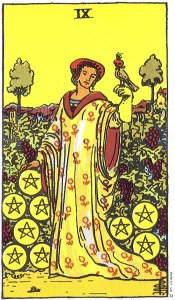 Nine of Pentacles--Rider-Waite
