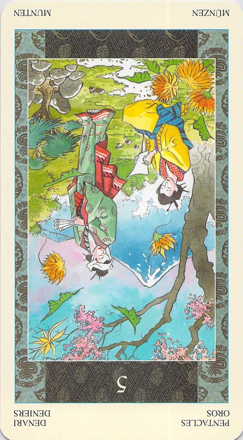 Five of Pentacles reversed--Samurai Tarot