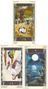 reversed 10 of Swords, reversed Emperor, 9 of Pentacles