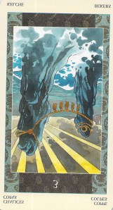 Three of Chalices reversed -- Samurai Tarot