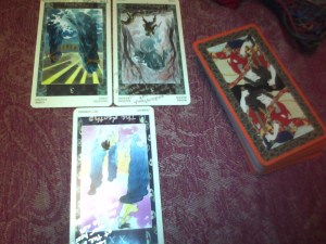 reversed Three of Chalices, reversed Five of Wands, reversed Judgement