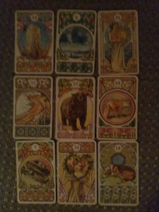 Nine card forecast for Brave New World, from the Art Nouveau Oracle Lenormand