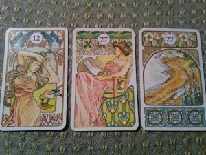 Three card spread from the Art Nouveau Lenormand: the Birds, the Letter, the Crossroads