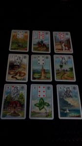 My nine card Lenormand spread on Silver Borne (and what will happen to Mercy Thompson in the course of the story). 