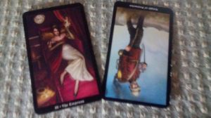 The Empress and reversed Knight of Pentacles, from Barbara Moore's Steampunk Tarot