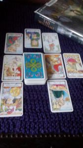 Hanson-Roberts tarot, Knight of Pentacles, The Lovers, Queen of Cups, King of Cups, Hanged Man, Knight of Wands, Eight of Pentacles, Five of Cups