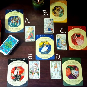 The spread I used to answer Alyssa's question, using two decks: Caroline Myss' Archetypes Deck and the pocket version of the Hanson Roberts Tarot.