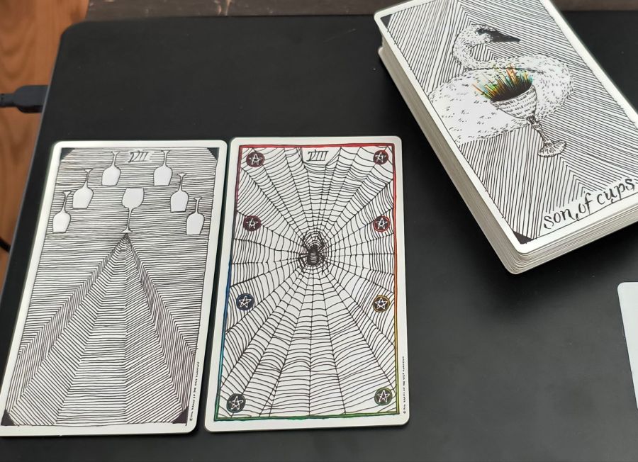 Two cards from the Wild Unknown Tarot: the Seven of Cups, showing seven cups positioned atop a trianglular field, and the Eight of Pentacles, showing eight pentacles in two rows, stuck in a spider's web, with the spider at the center of the web. Nearby is the whole deck, turned to show that the bottom card is the Son of Cups, which depicts a swan and a full cup. The cups are shaped like wine glasses.
